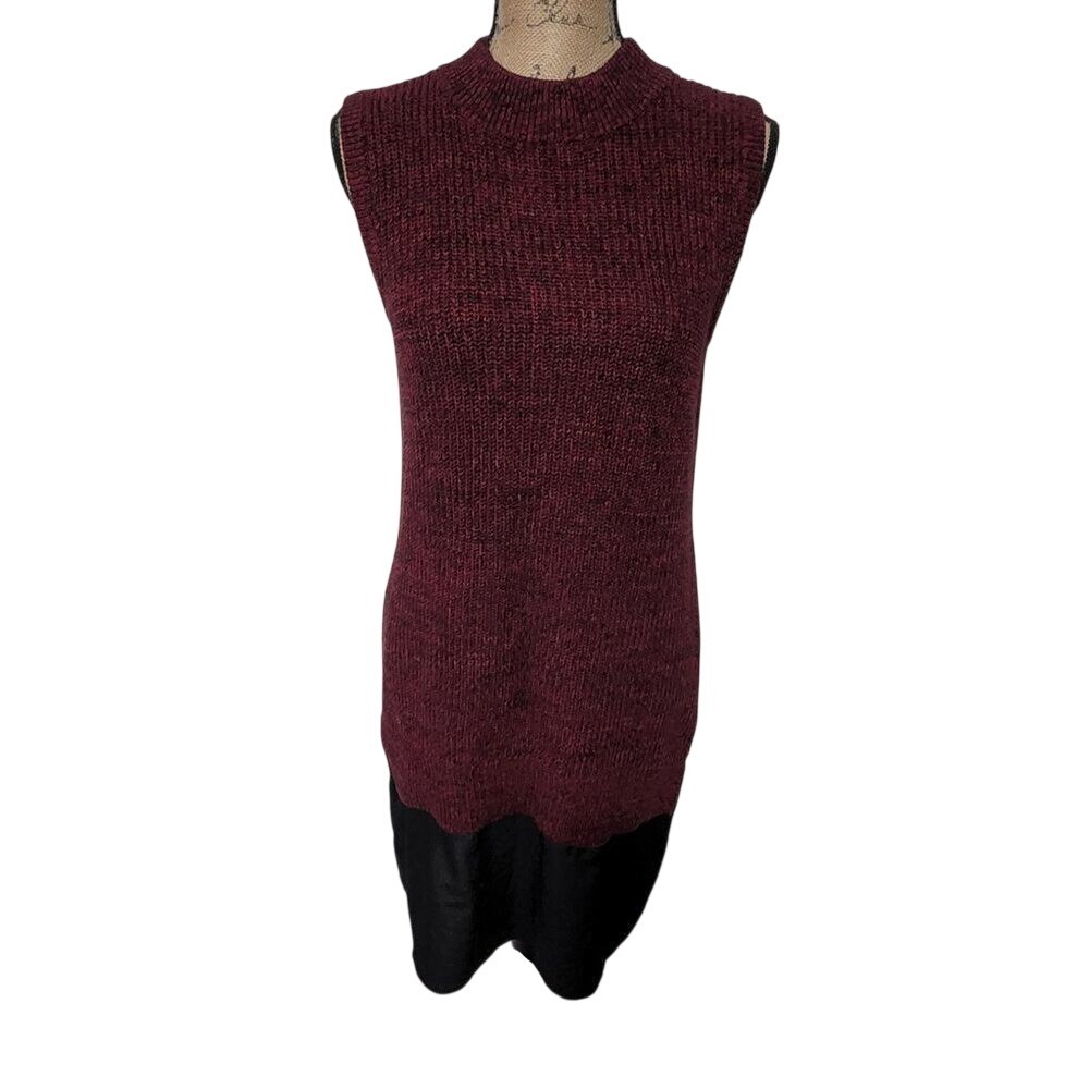 French Connection Burgundy Black Mixed Media Sleeveless Knit Sweater Dress US 6‎